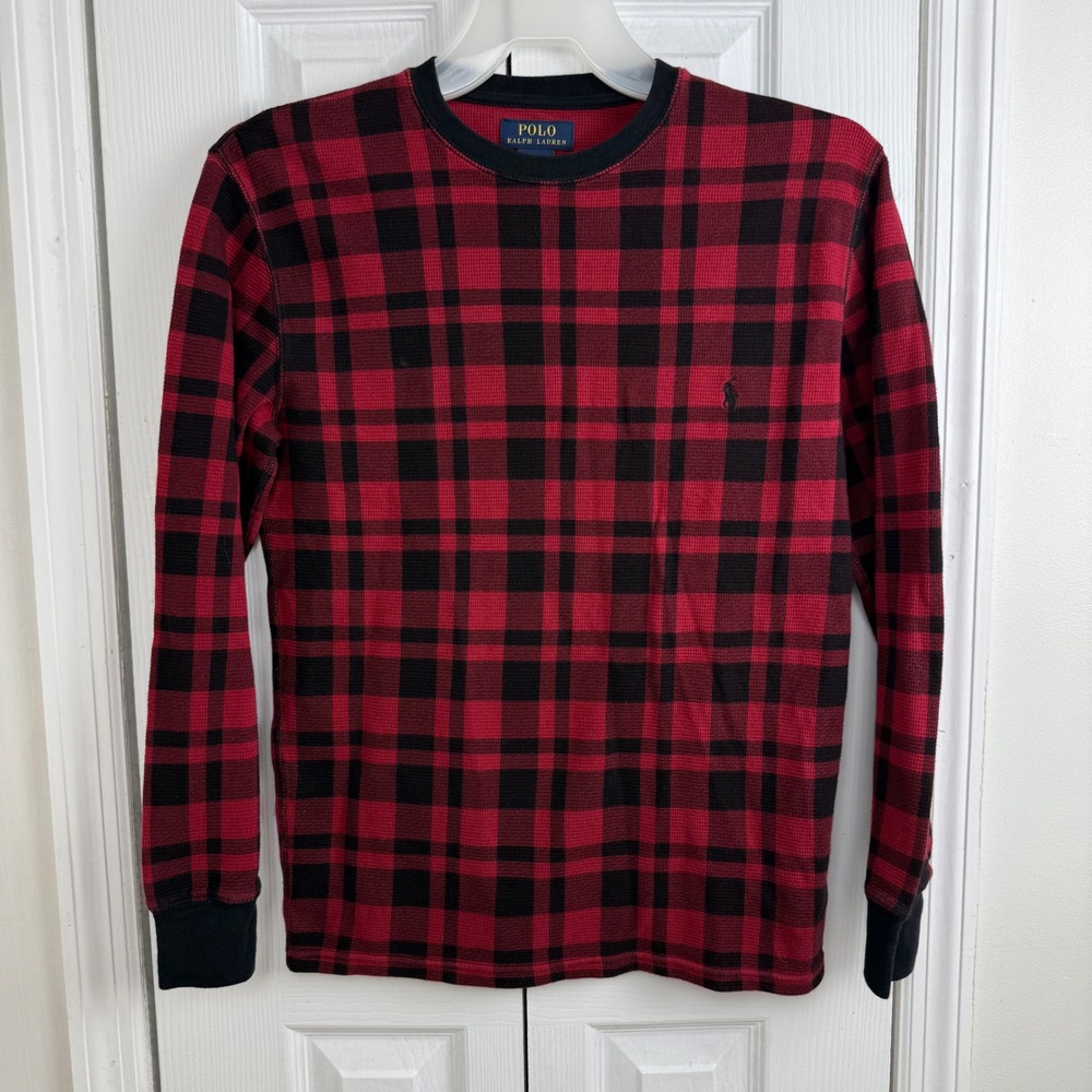 Polo Ralph Lauren Buffalo Plaid Waffle Knit Long‎ Sleeve Shirt Red Black M